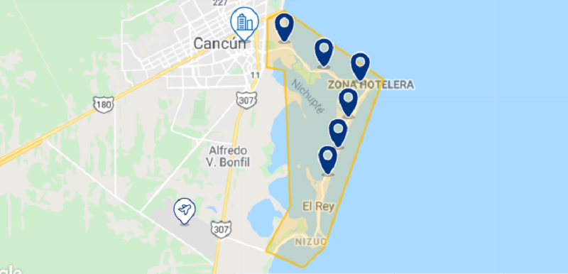 Zona Hoteleira em Cancún - Mapa