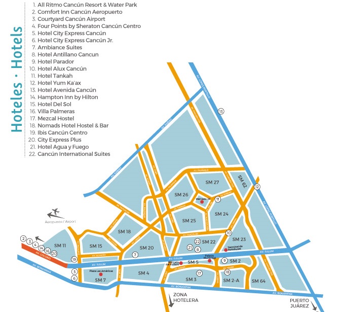 Mapa hotéis no Centro de Cancún