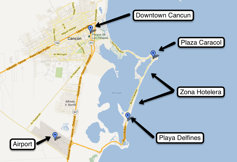 Mapa das melhores regiões para ficar em Cancún: Zona Hoteleira e Centro