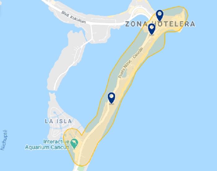 Mapa dos melhores hotéis na Zona Hoteleira de Cancún