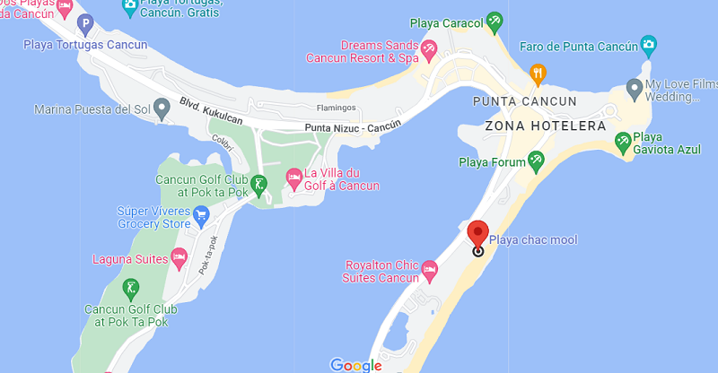 Localização da praia Chac Mool em Cancún