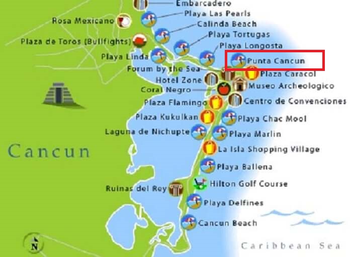 Localização da praia Punta Cancún em Cancún