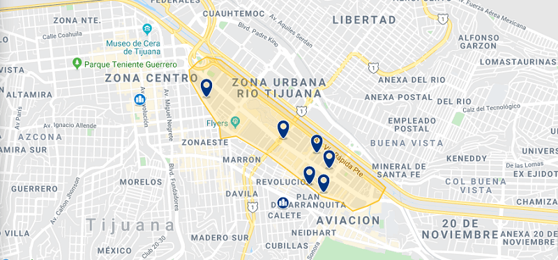Mapa da melhor região de hotéis de Tijuana: Zona Rio