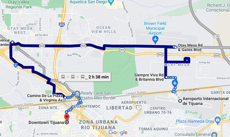 Mapa de Tijuana - Aeroporto até o centro