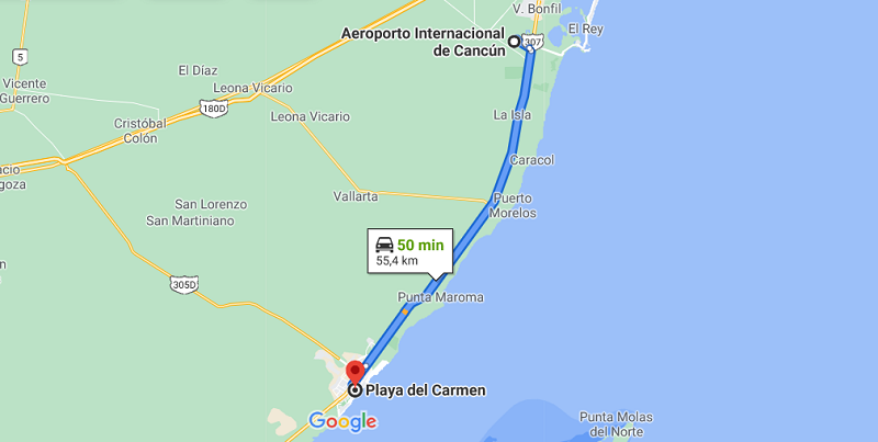 Mapa do aeroporto de Cancún até a Playa del Carmen