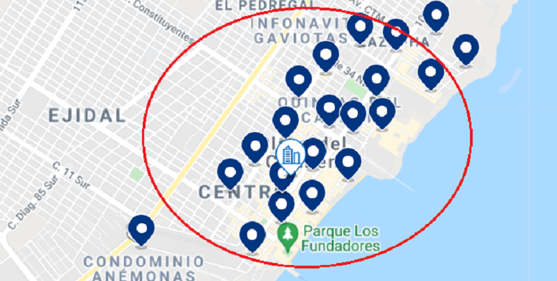 Mapa das melhores regiões onde ficar em Playa del Carmen