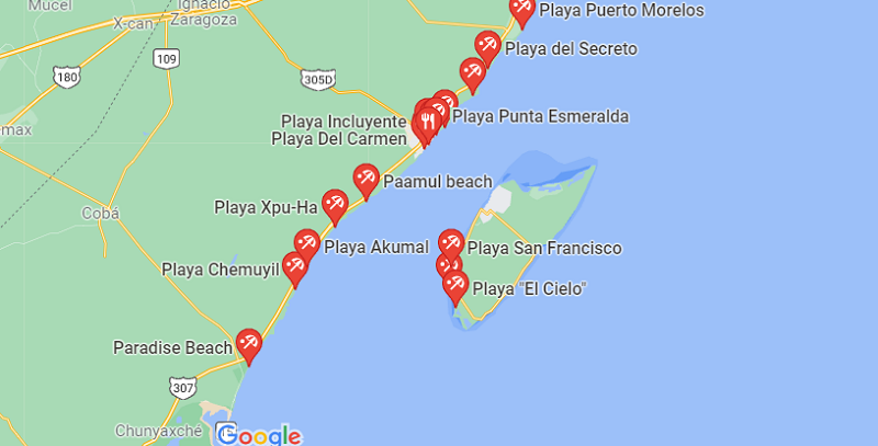 Praias em Playa del Carmen - Mapa