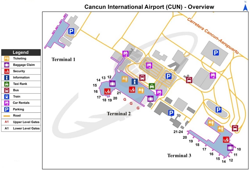 Mapa dos terminais - Aeroporto de Cancún
