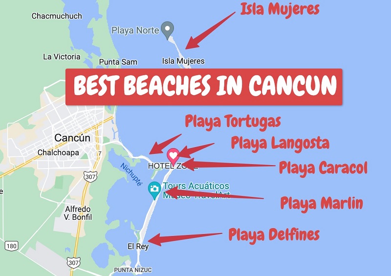 Praias na Zona Hoteleira em Cancún: Mapa