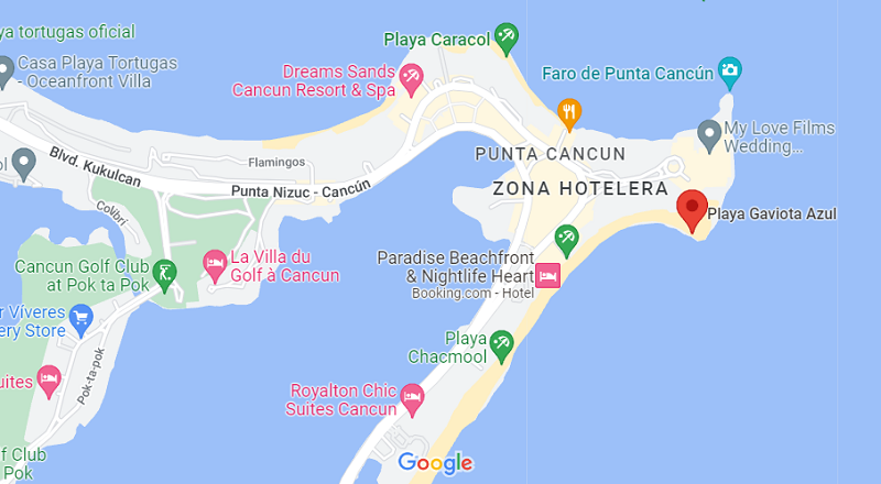 Localização da playa Gaviota Azul em Cancún