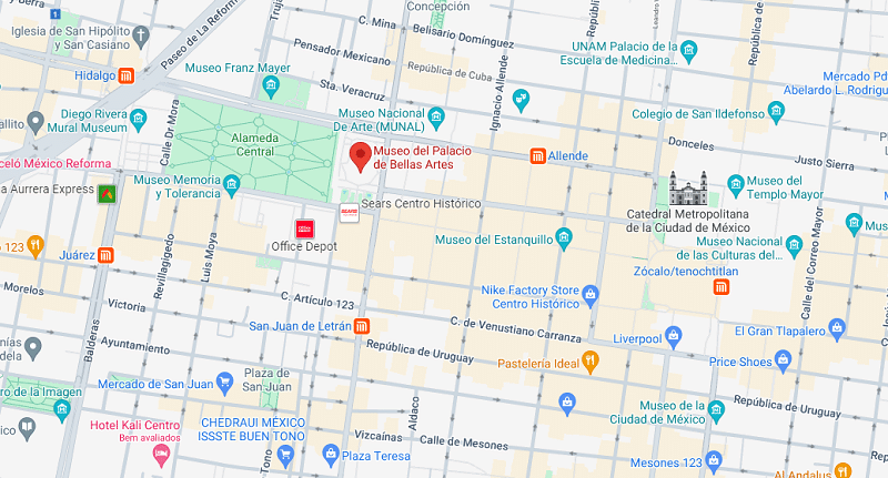 Localização do Museu de Bellas Artes na Cidade do México