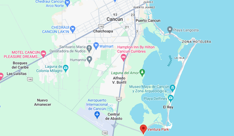 Mapa da localização do Ventura Park em Cancún